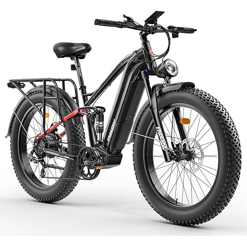 FREESKY 48V 25Ah 1800W Electric Bike, 35MPH & 95Miles Range, 26" Fat Tire Full Suspension Electric Mountain Bike, Off-Road All-Terrain E Bicycle for Adults, 7 Speed, with Brake & Turn Signal Taillight