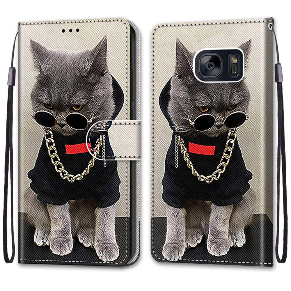 EnjoyCase Case Leather for Samsung Galaxy S6,Colorful Painted Cool Gold Chain Cat Wrist Strap ID Card Holder Magnetic Closurer Kickstand Wallet Flip Protective Skin Cover