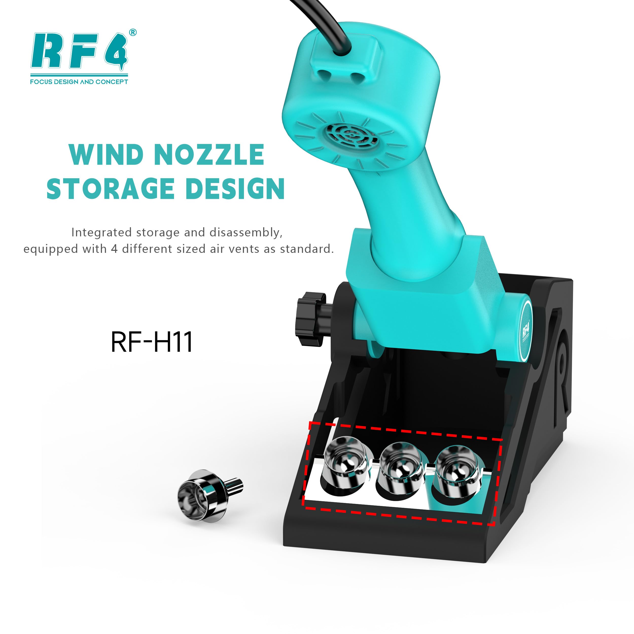 Pistola de aire caliente integrada RF-H11 con base de reposo, hasta 500°, pantalla LCD de aire caliente, ajuste de viento de 10 niveles, reparación de soldadura de PCB y CI