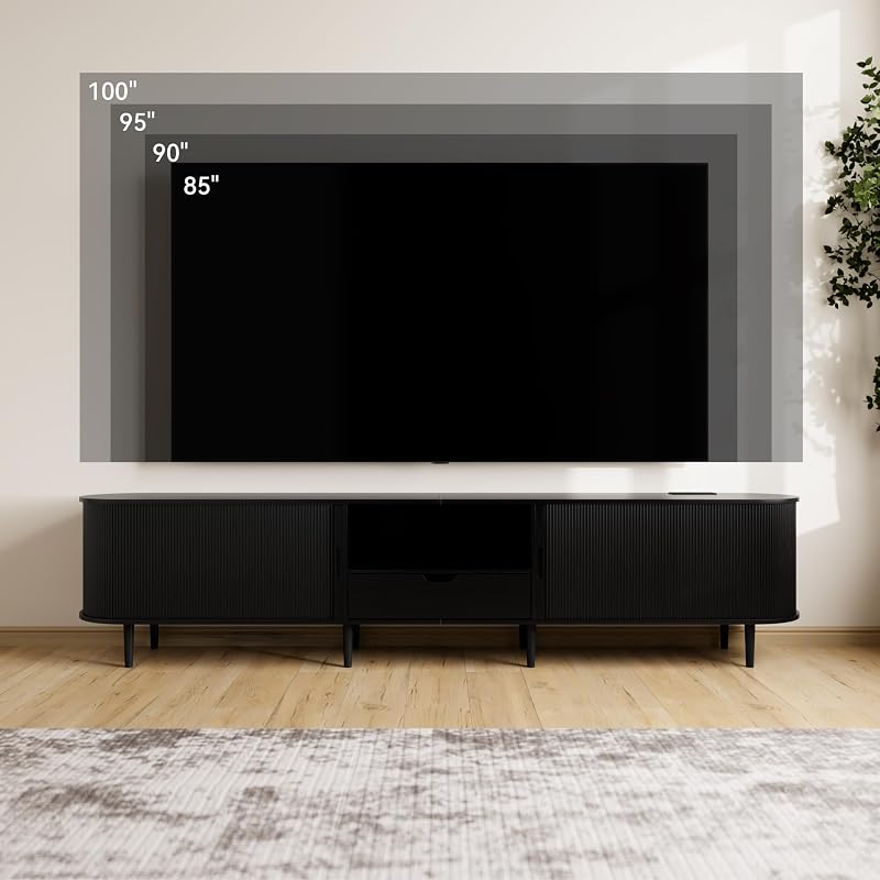 DHH 95.2" Fluted TV Stand with Power Outlet for TVs up to 100", TV Console with Adjustable Shelves and Sliding Door,Mid Century Modern Entertainment Center for Living Room,Bedroom (Black) image 4