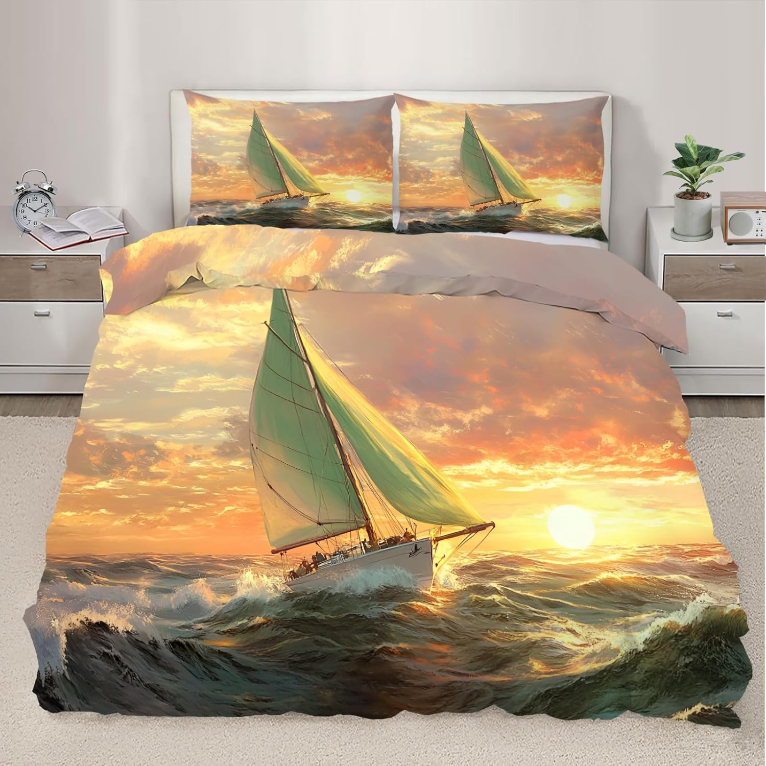 Housse de couette 240x220 voiliers au coucher de soleil pour une chambre ambiance évasion marine