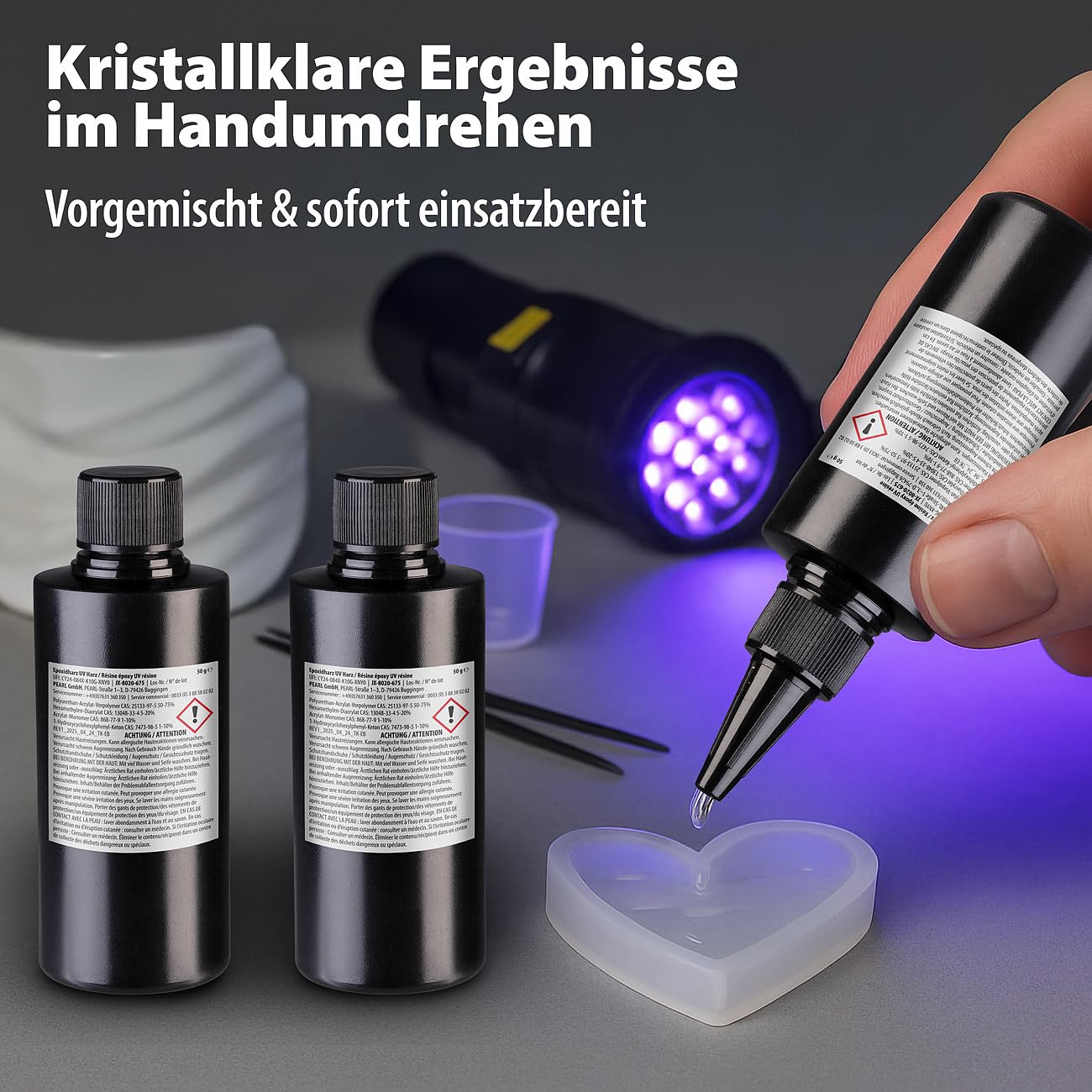AGT Kleber: 4er-Set UV-Resin, kristallklar, vorgemischt, 4x 50 g, inkl. UV-Lampe (Kristallklares Resin Harz, Harz gebrauchsfertig)