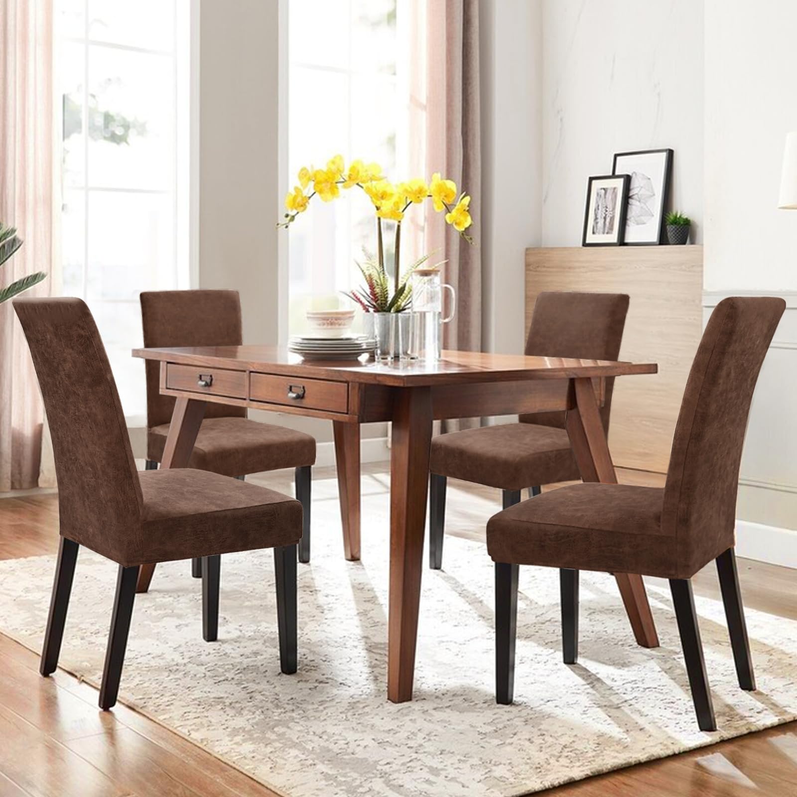 Alishomtll Set di 6 coprisedia in pelle scamosciata, stile vintage, in poliuretano, elasticizzato, universale, per sala da pranzo, rimovibile, lavabile, per cucina, ristorante, hotel (marrone, 6 pezzi