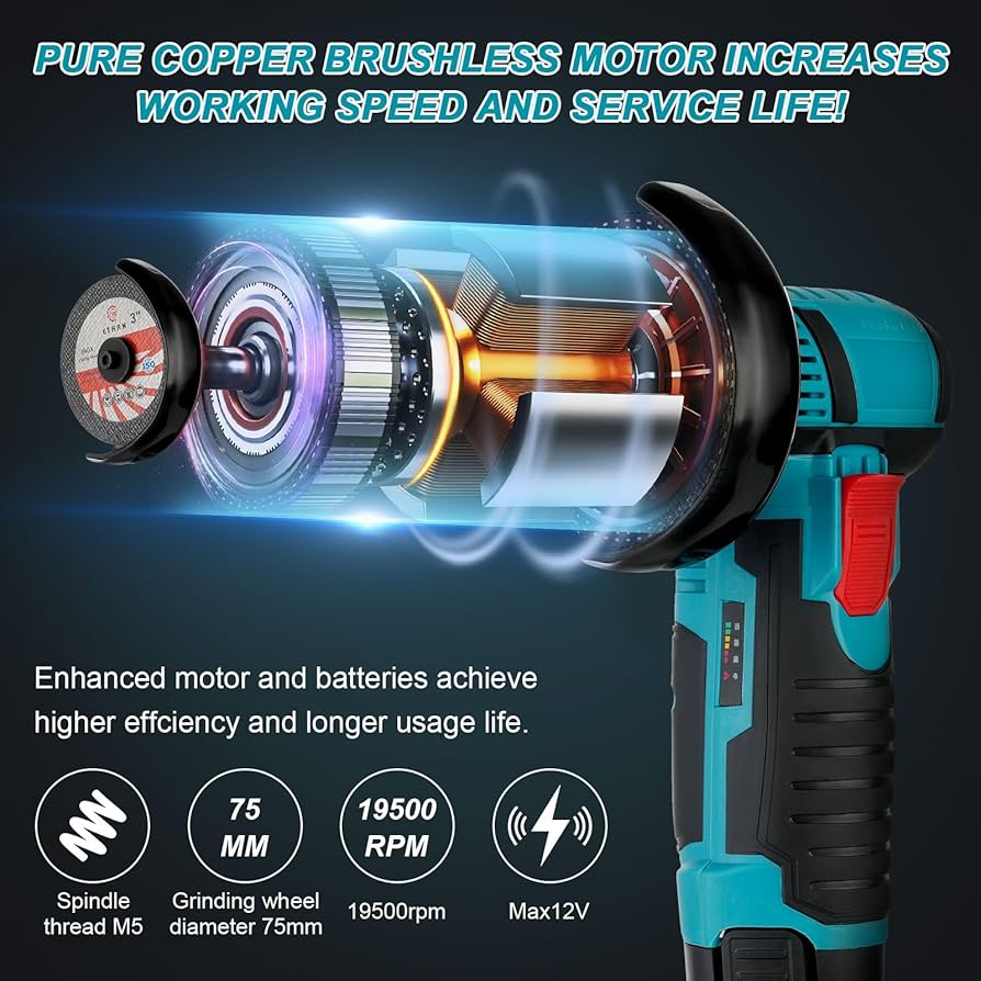 Mini Angle Grinder Cordless Hand Polisher Brushless Cut Off Grinding Tool 12 V E