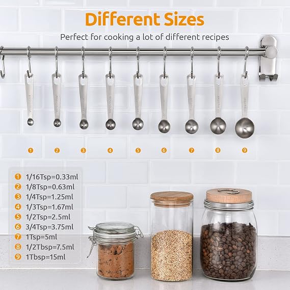 Measuring Spoons: U-Taste 18/8 Stainless Steel Measuring Spoons Set of 9 Piece: 1/16 TSP, 1/8 TSP, 1/4 TSP, 1/3 TSP, 1/2 TSP, 3/4 TSP, 1 TSP, 1/2 tbsp & 1 tbsp Dry and Liquid Ingredients