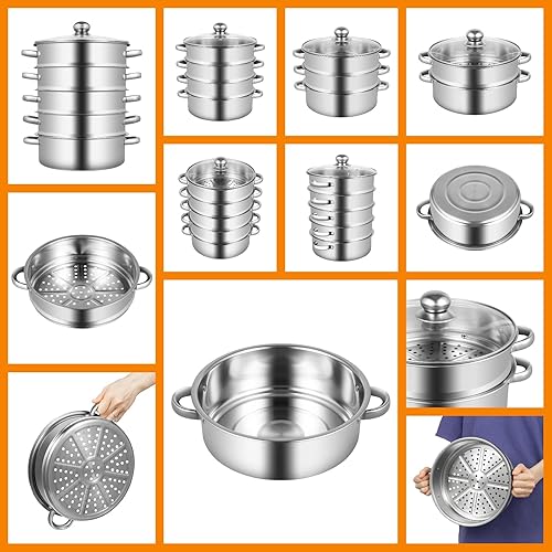 Miniatura 7 de Vaporizador de 10.2 in10.24 pulgadas, olla de vapor de acero inoxidable de 5 niveles con tapa de vidrio transparente y asas, olla de vapor redonda