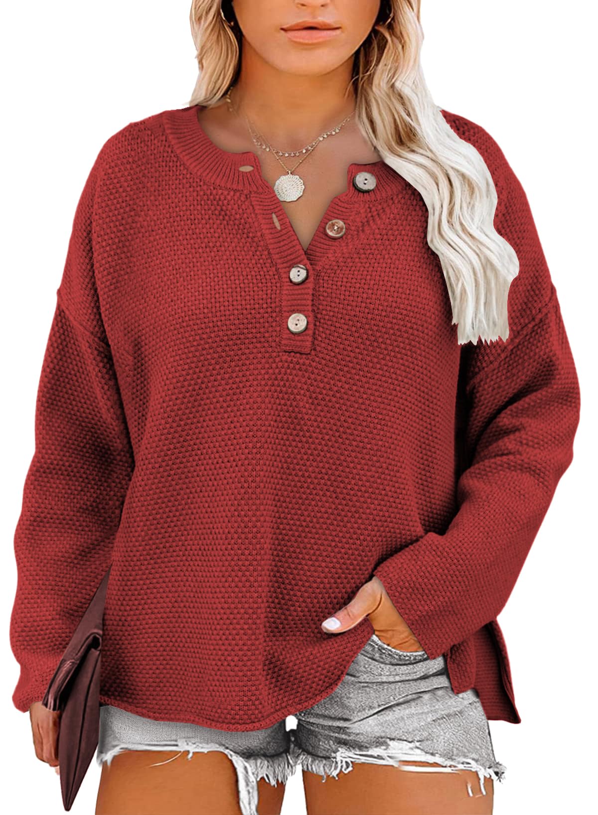 Womens Plus Size Sweaters Tops Long Sleeve V Neck Button Henley Tops Loose Casual Pullover Knit Shirts