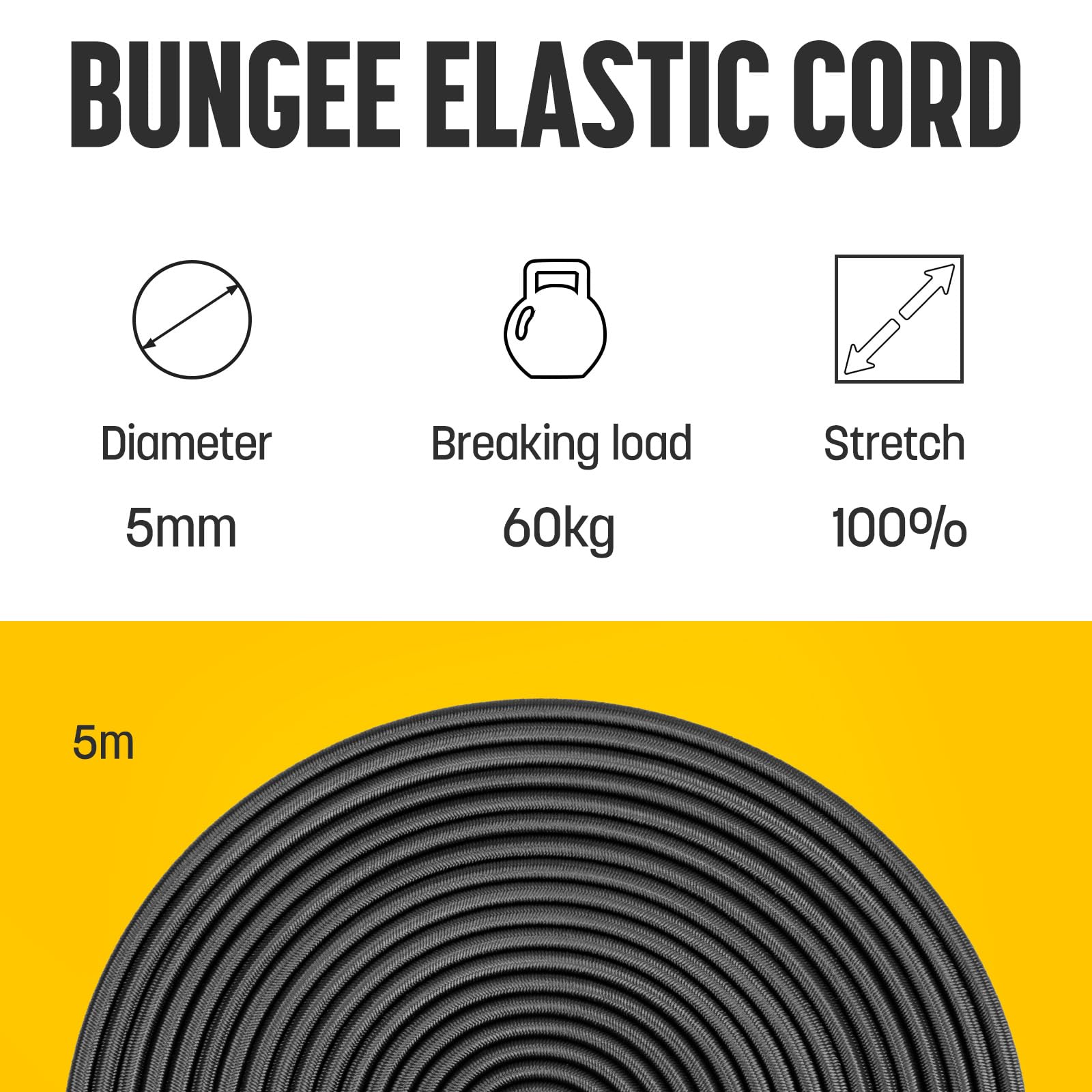 Kamu Synber Bungee Cord 5mm x 5m Elastic Shock Cord Bungee Rope for Tarpaulin Kayak, Tie Down, Camping, Black - Image 3