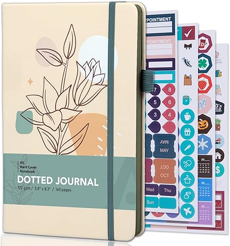 Diario punteado, diario de tapa dura A5, 160 páginas, papel punteado grueso de 4.23 oz/m², caja de regalo, 4 hojas de calcomanías y bolígrafo disponible en Yaxa Colombia