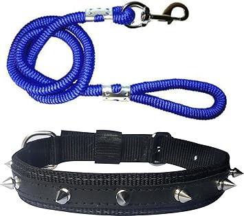 Adios Dog Belt Combo of Black Nylon Dog Spike Collar with Blue Lead 1.5m Lengthy Dog Collar & Leash for Your Pet Dogs.