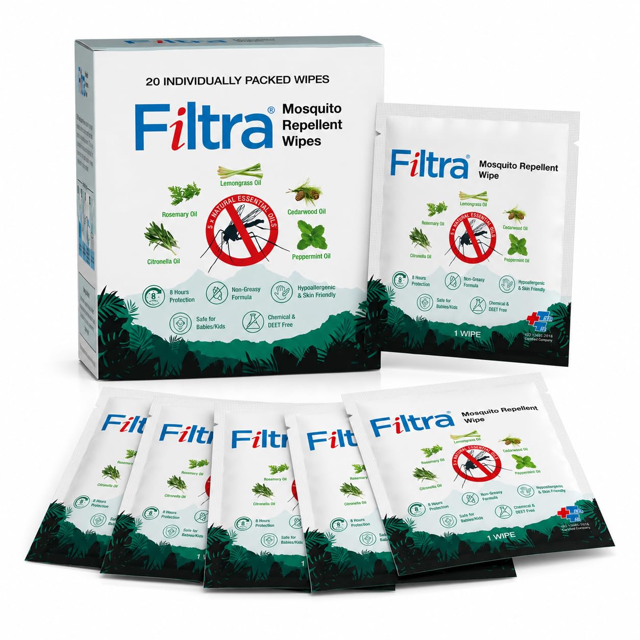 Filtra® Mosquito Repellent Wipes | Up to 8-Hour Protection | Natural Essential Oils | DEET-Free, Alcohol-Free | Thick & Durable Fabric | Individually Wrapped for On-the-Go Use | 1 Box of 20 Single-Use Sachets-image-24