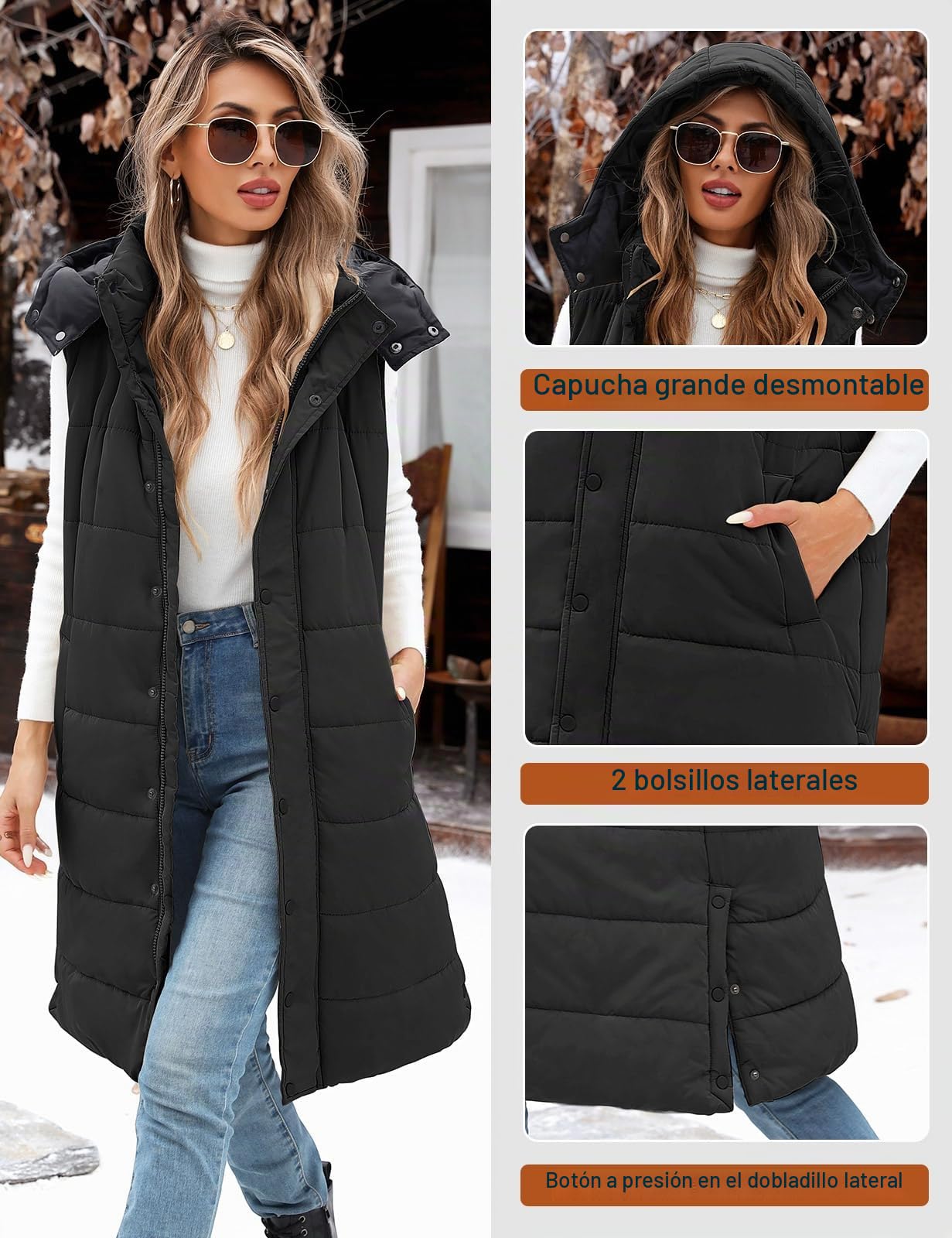 Vancavoo Chaleco Acolchado Mujer Invierno Abrigo Largo sin Mangas Chaleco con Capucha y Cremallera AbrigoS Térmico Con Bolsillos Chaqueta de Cuello Alto para Exteriores