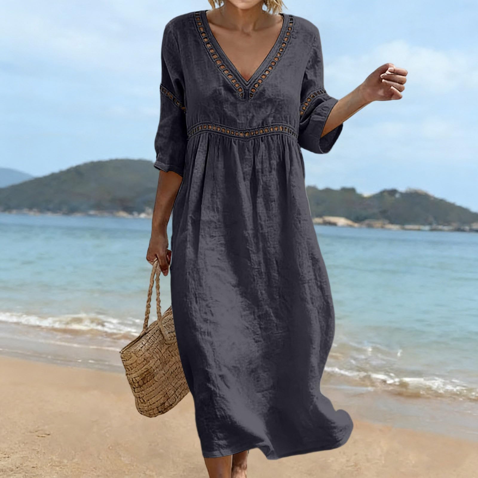 Générique Robe Coton Lin pour Femme Été Fluide Manche 7/8 Chic et Elegant Robes Col V Décontractée Grande Taille Robes Couleur Unie Respirant D'été Boheme de Plage Vacances Maxi Dress