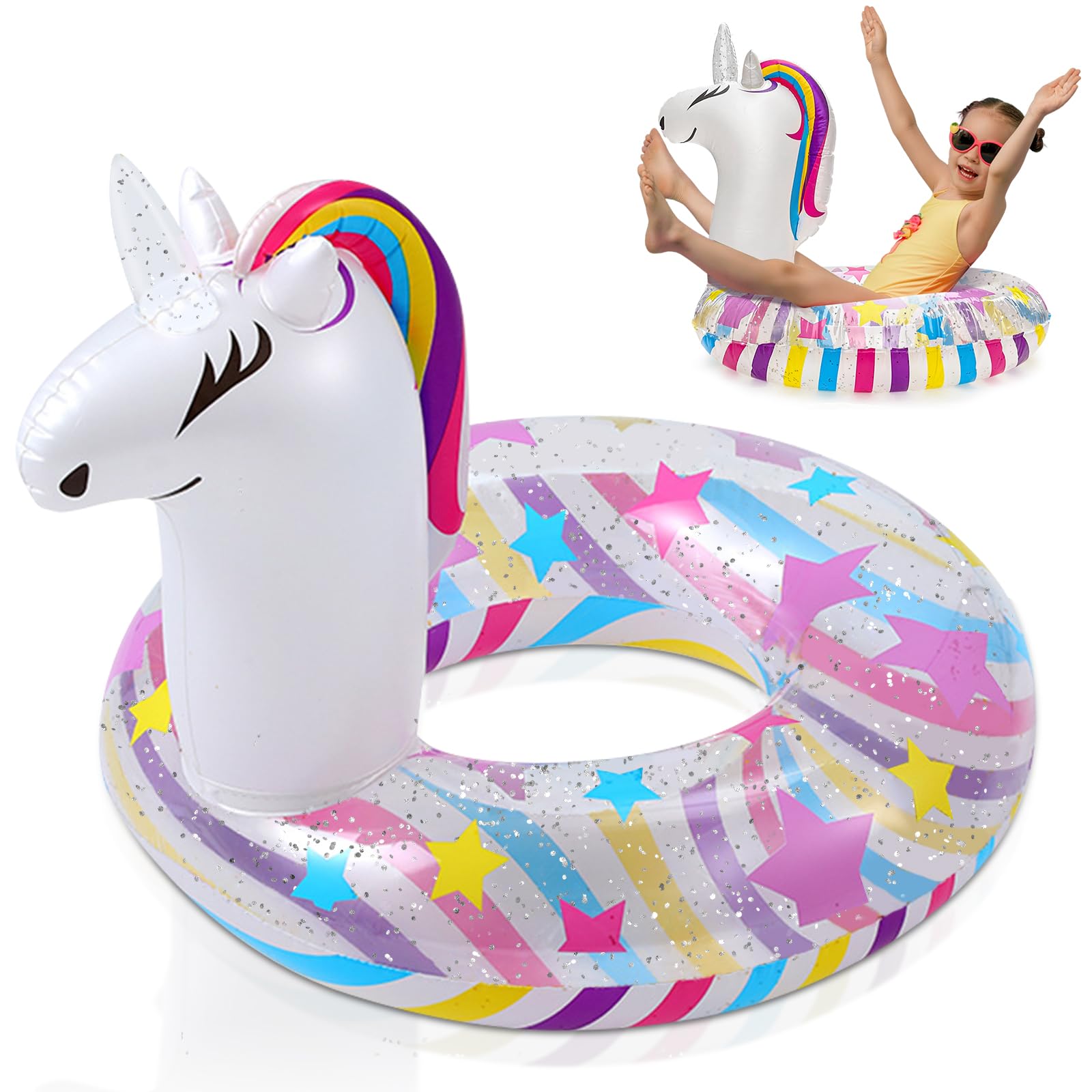 WenYa 22 Inch Unicorn Inflatable Floats Rings for Kids, Girls Unicorn Inflatable Pool Rings with Glitter for Kids Swimming Pool Water Sports (White)