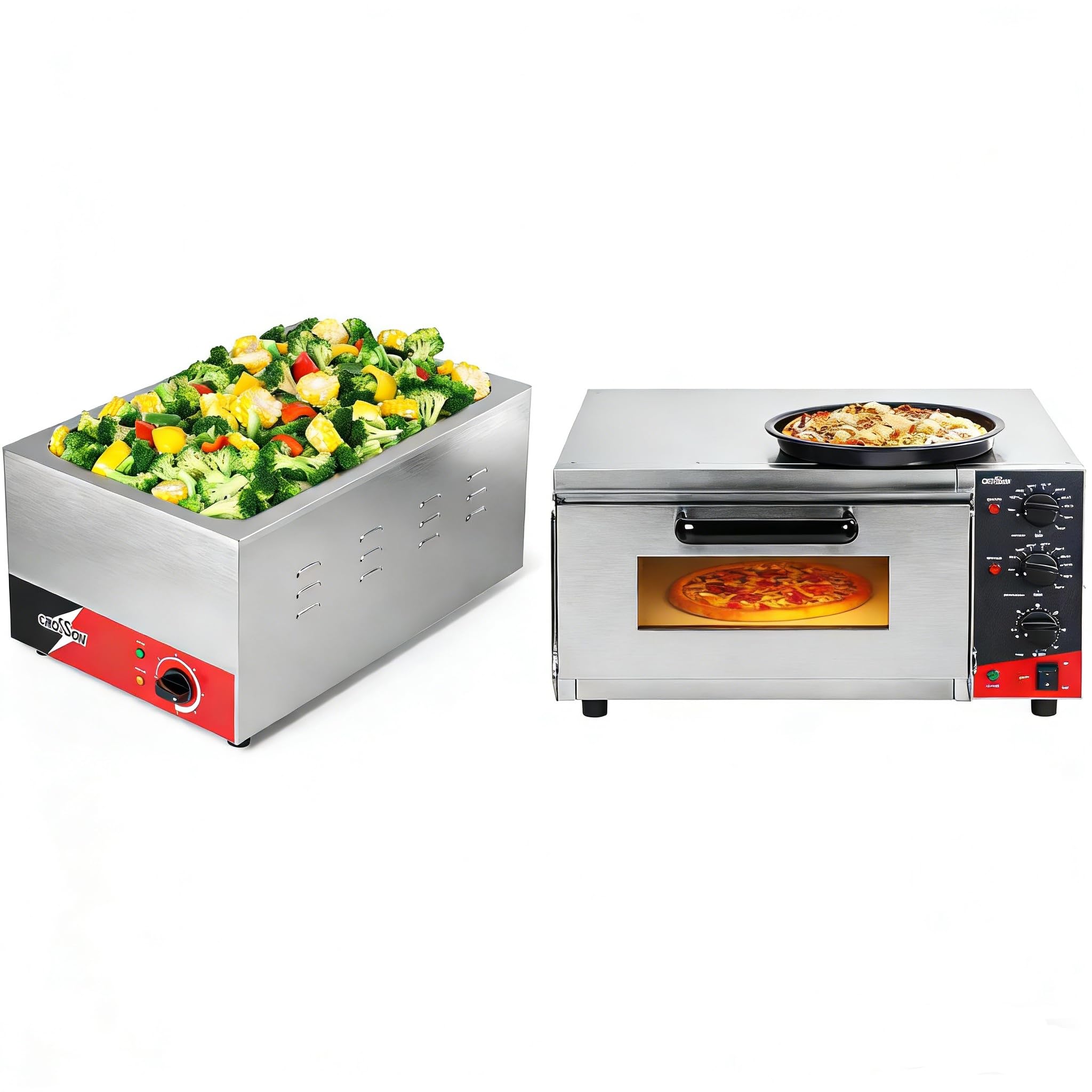 CROSSON 16" Professional Pizzaofen 4000W,Pizzabackofen Elektrisch Edelstahl mit 30-Minuten-Timer 350℃,Gastronorm Bain Marie mit 150mm hohen 1/1 GN-Wanne