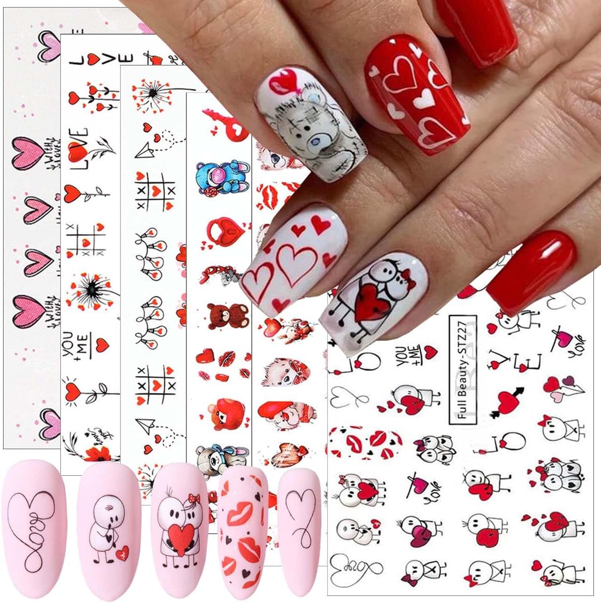 Heart Nail Art Stickers - 8 Sheets Valentine's Day Holographic Red & Black Nail Decals