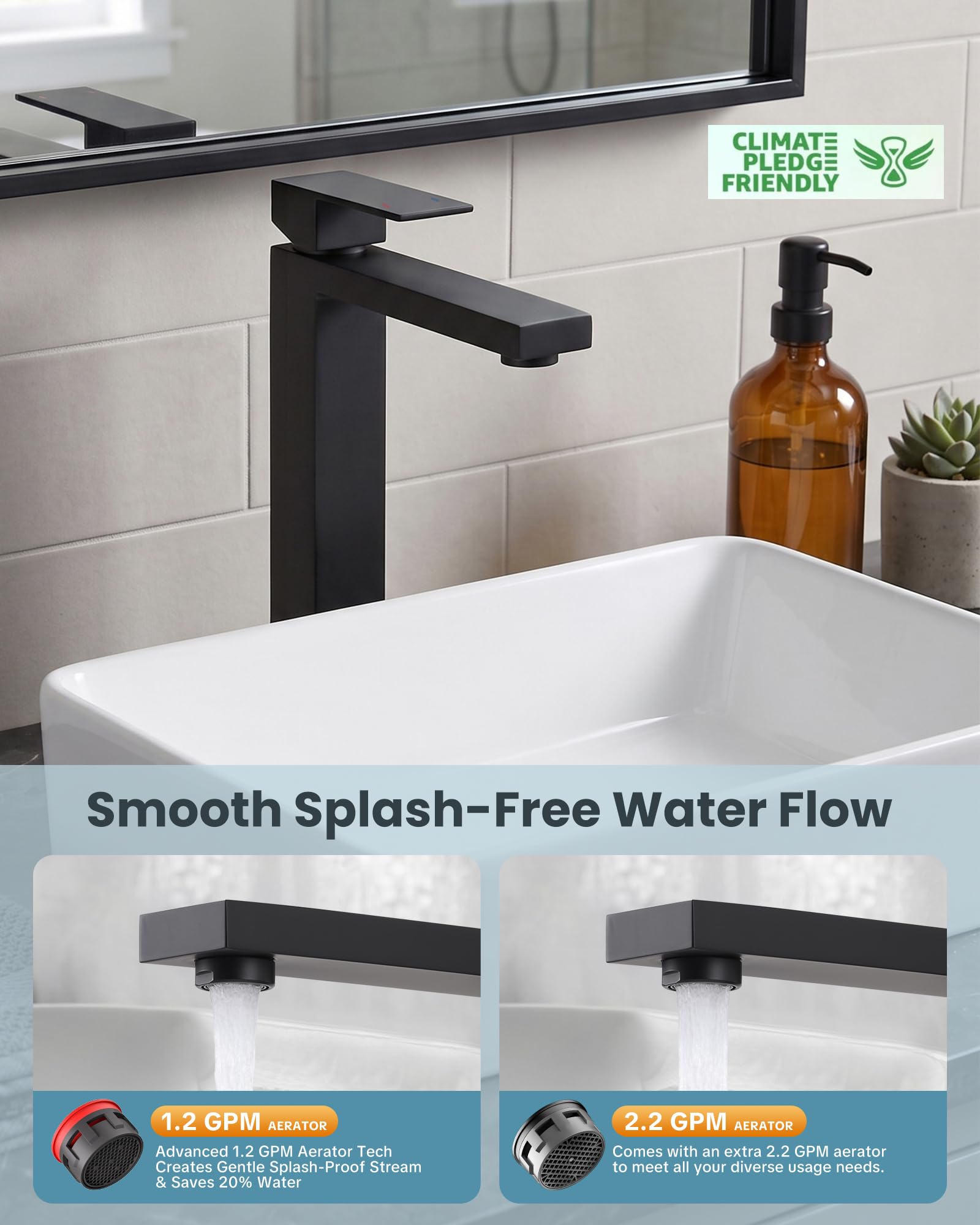 ARCORA Grifo de lavabo de recipiente negro mate, grifo de baño alto de una sola manija, grifo mezclador de lavabo de un solo agujero con combo de drenaje desplegable