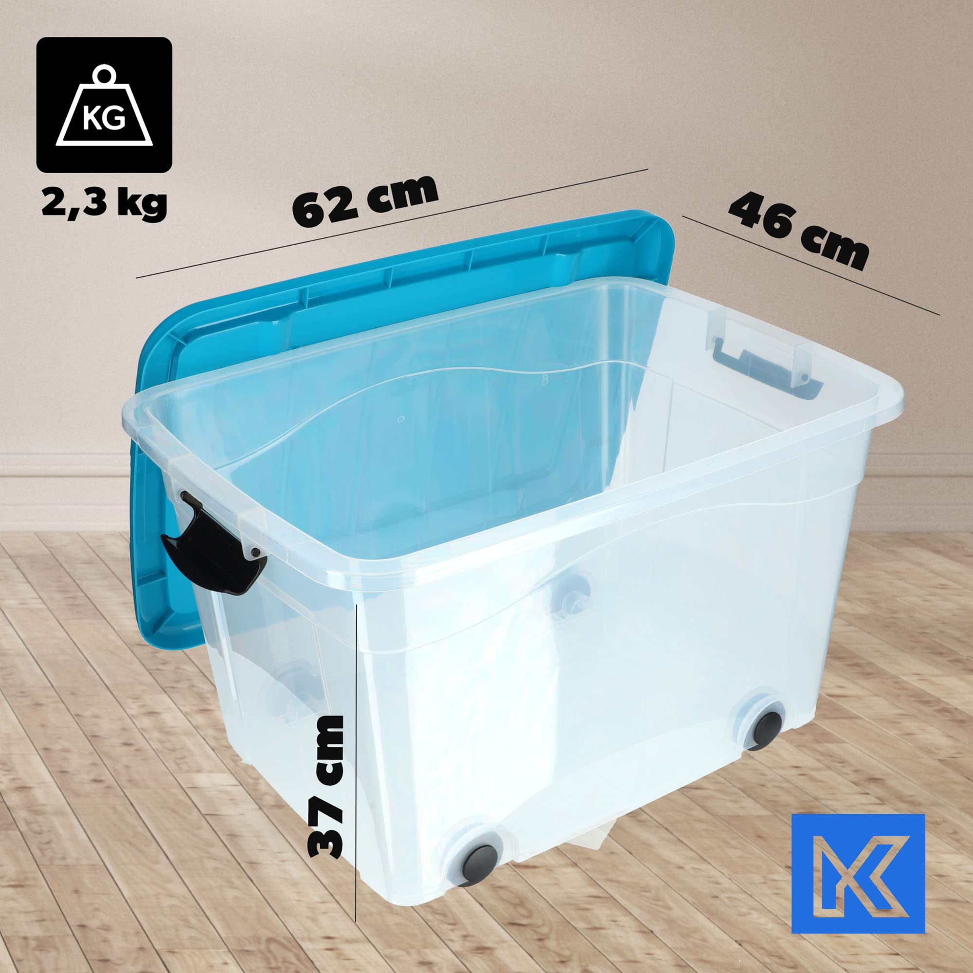 KADAX Contenitore di Plastica con Ruote, 62x46x37cm, Scatola di Deposito in Plastica, Scatola di immagazzinaggio, Contenitore di Stoccaggio con Coperchio a Fare Clic (60L, Blu)