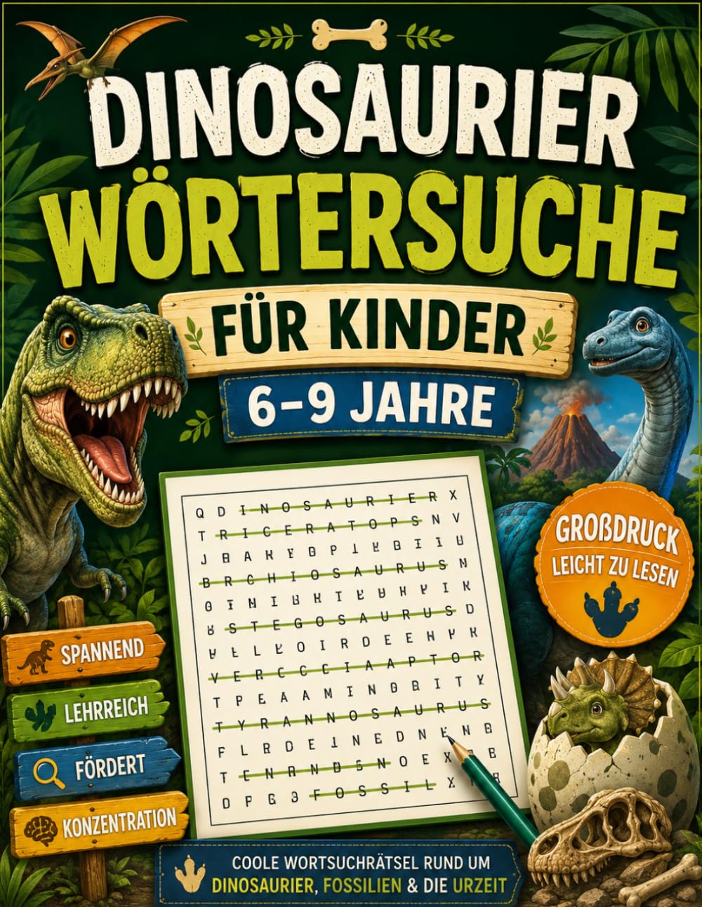 Dinosaurier Wörtersuche für Kinder: 100 spannende Wortsuchrätsel mit lustigen Dinosauriern – Großdruck Rätselbuch für Jungen und Mädchen | Lernen, Suchen, Spaß haben und Konzentration fördern