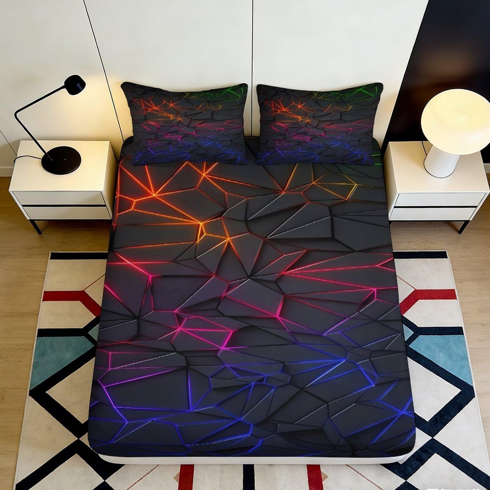 3D Printed Geometric Neon Fitted Sheet Microfiber Soft Breathable Abstract Lines Mattress Cover for Bedroom Dormitory Guest Room Protection 90x200x25cm