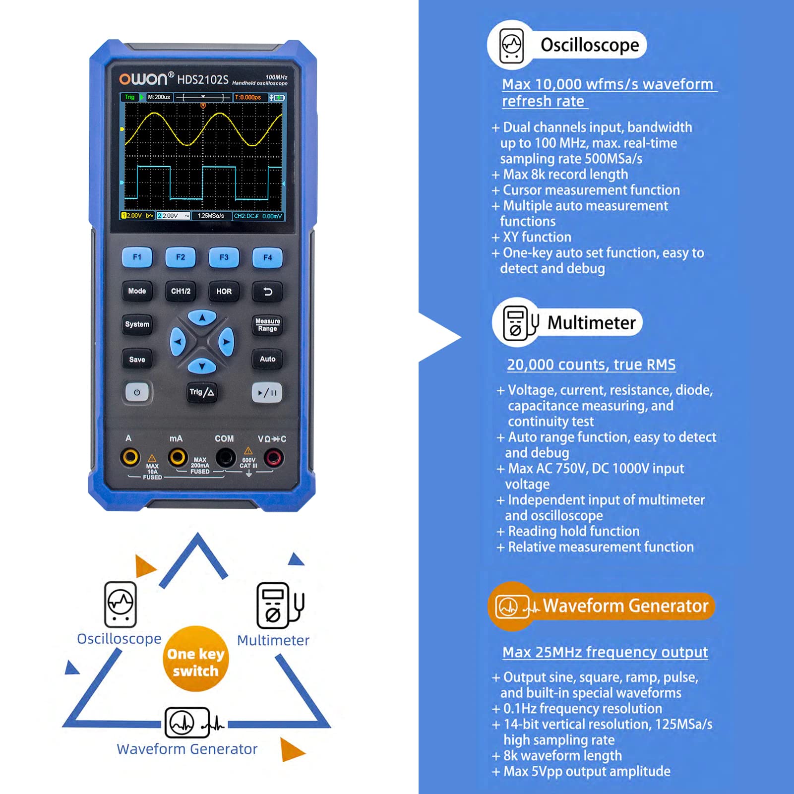 Owon HDS272S Digital Oscilloscope +Waveform Generator +Multimeter USB 2 Channels 70mhz Osciloscopio Tester Meter