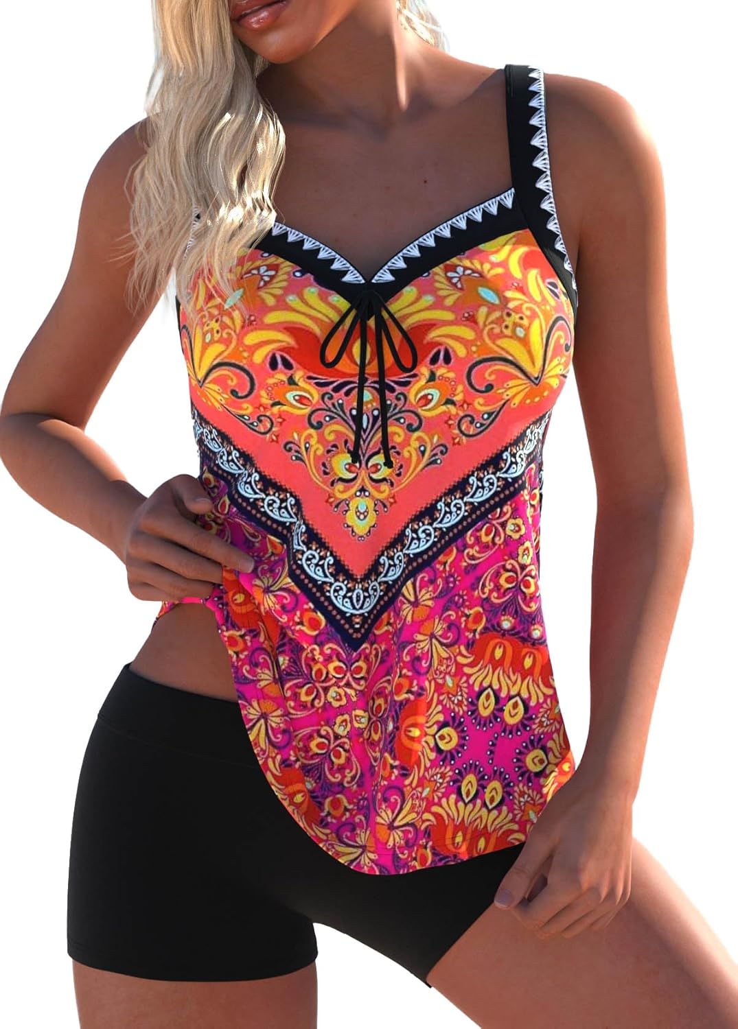 Modlily Bowknot Tankini Swimsuits for Women, Tribal Print Two Piece Bathing Suits, Chic Top with Boy Shorts