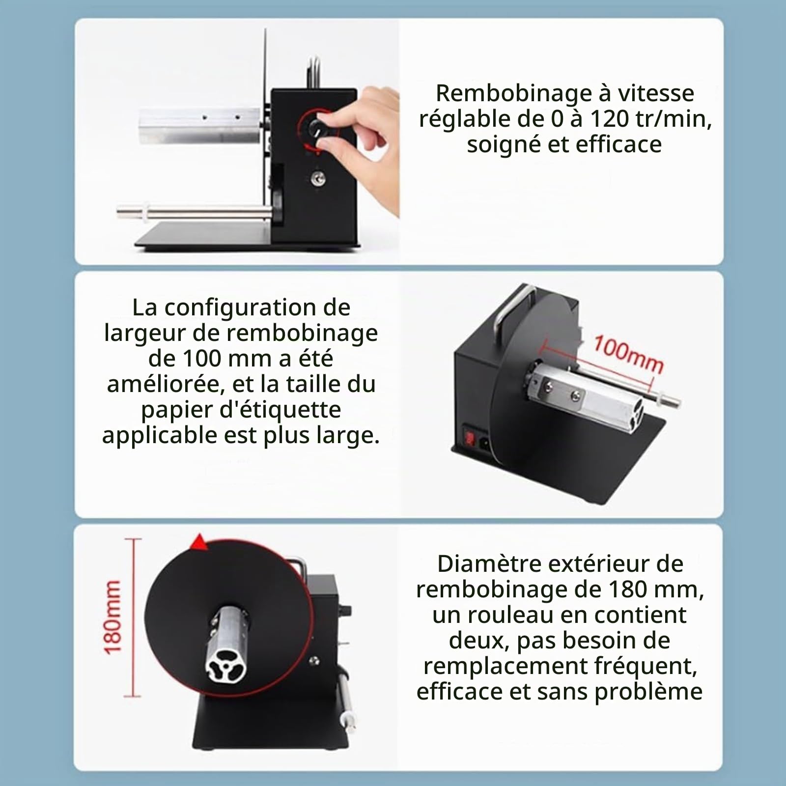 Enrouleur d'étiquettes automatique, enrouleur d'étiquettes 180 mm, enrouleur d'étiquettes à vitesse réglable, rembobinage bidirectionnel, 1 à 8 pouces/s, enrouleur d'étiquettes électrique portable