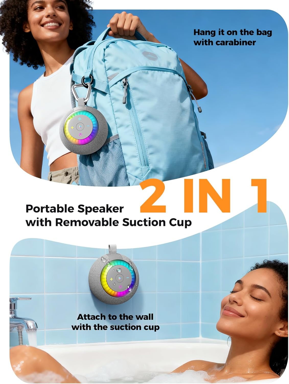 Two images showing the dbsono F33 speaker: one attached to a shower wall with its suction cup, and another hanging from a backpack with its carabiner loop.