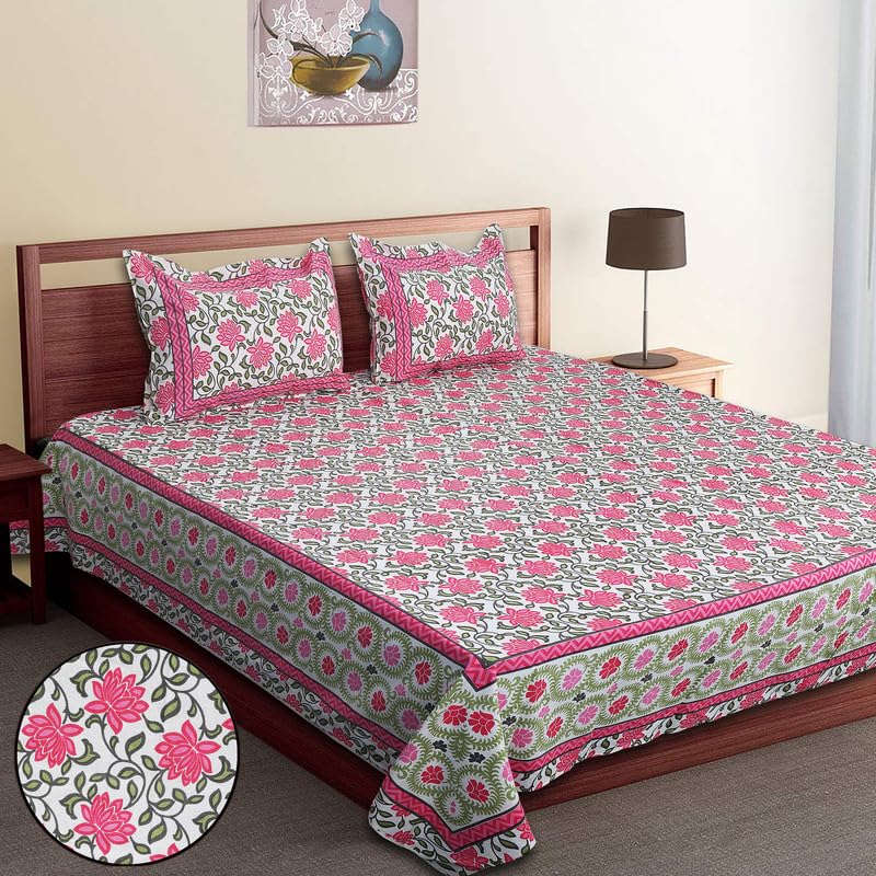 King Size Bedsheet Set (120 x 120 Inches) | Premium Cotton Fabric | Soft & Breathable | 240 Thread Count | 1 Bedsheet with 2 Pillow Covers (Celebration LotusVine Pink)-picture-15