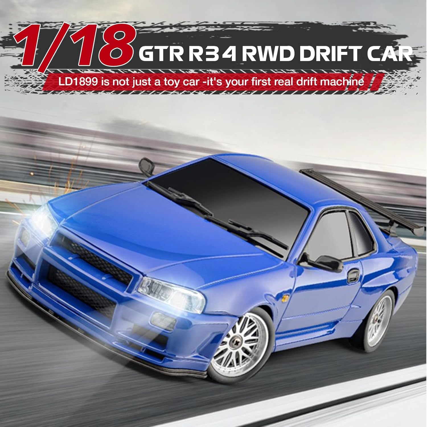 ARRIS LD1899 1/18 RC Drift Car GTR R34 2.4GHz RWD with Gyroscope on-Road Alloy Body Shell Racing Cars Radio Control Blue