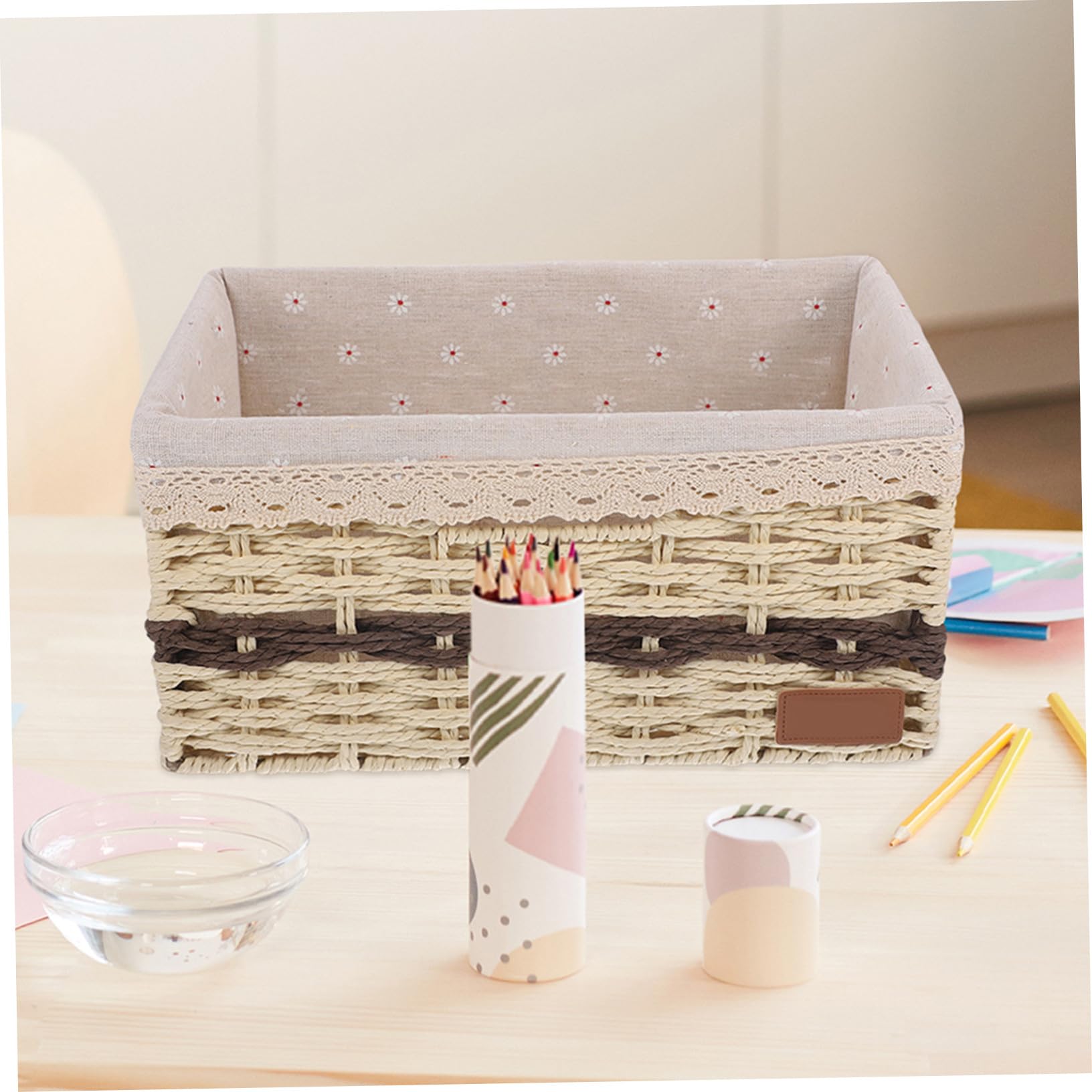 Happyyami Geflochtener Aufbewahrungskorb mit Einlage in Beige | Papier, Eisen und Gewebe, für Kosmetik und Lebensmittel, Dekorativ für Tisch, Feste