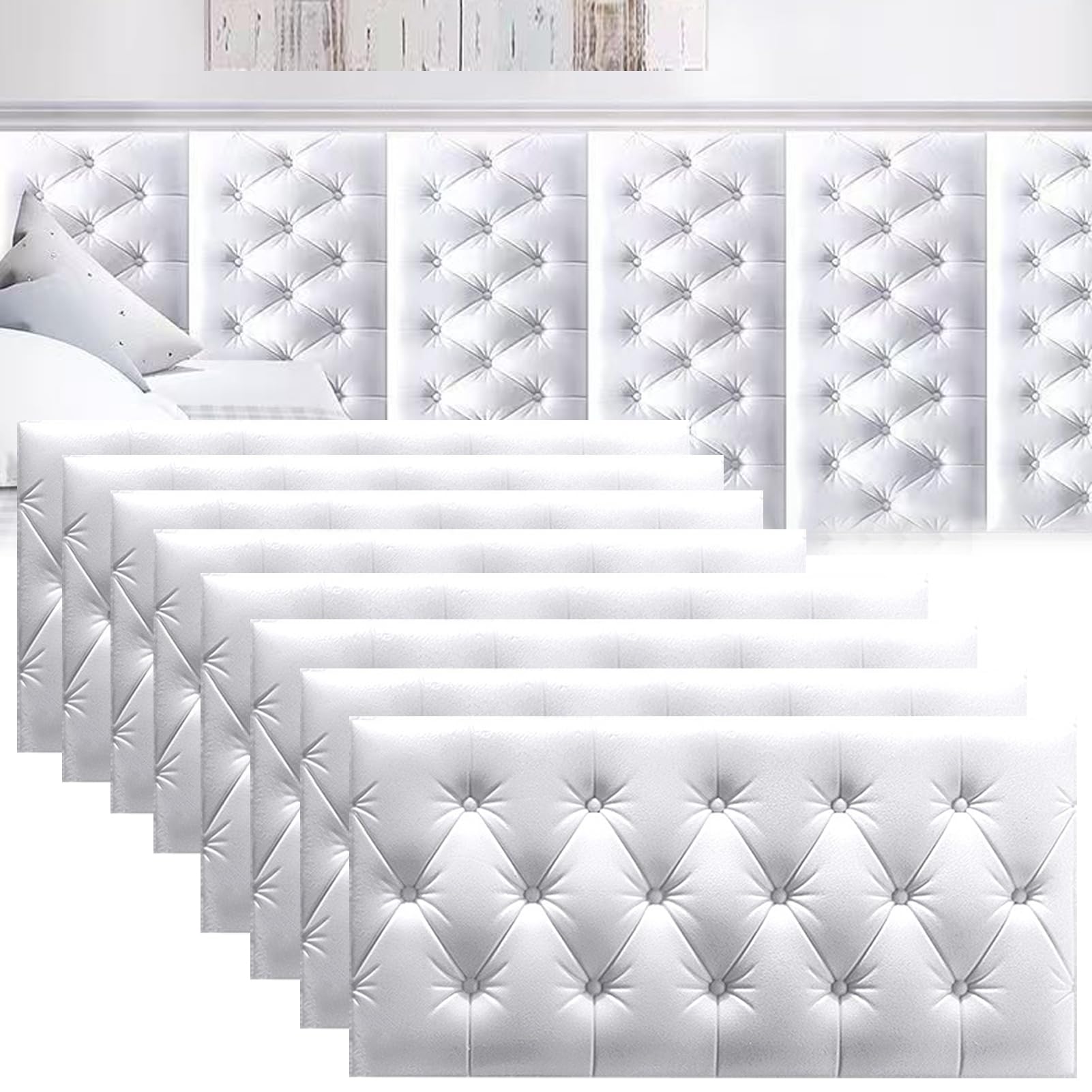 DHIJUPNG 3D Anti Collision Wall Padding for Bedroom, Peel and Stick Headboard Padded Wall Cushion Upholstered Self-Adhesive Wall Panels Playroom Decorative Protection Panel White 6 Pack（30x60 cm）