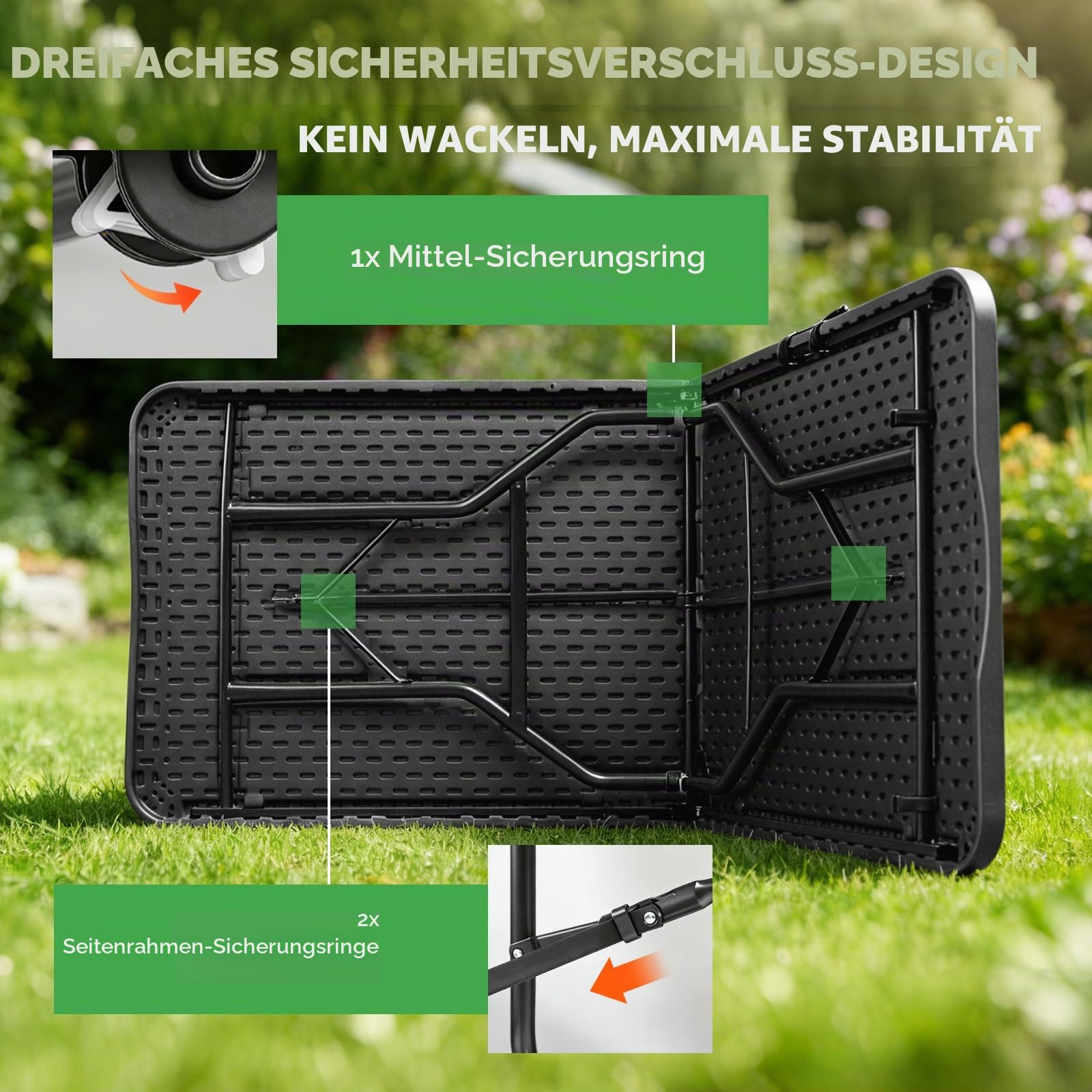Klappbarer Gartentisch 180x74cm, Outdoor Campingtisch für 8 Personen, schwarz mit Holzoptik-Kunststoffplatte, Metallrahmen, belastbar 150kg, 3 Sicherheitsverschlüsse, Buffetstisch für Garten, Balkon