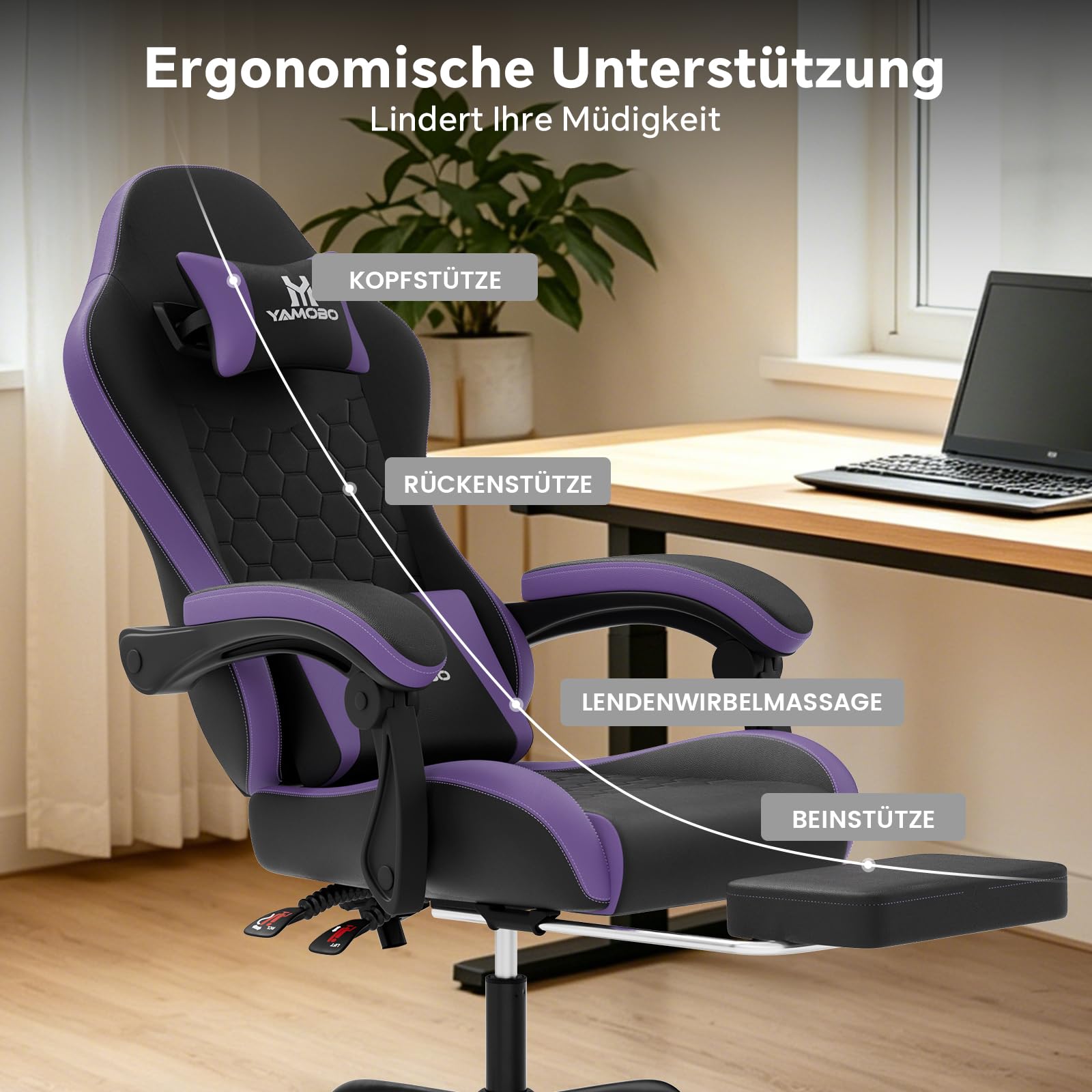 Gaming Stuhl Ergonomisch Gamer Stuhl mit Fußstütze Kopfstütze und Massage Lendenstütze Racing Gaming Chair mit Höhenverstellbaren Gamingsessel 135° neigbar 150 KG SchwarzLila
