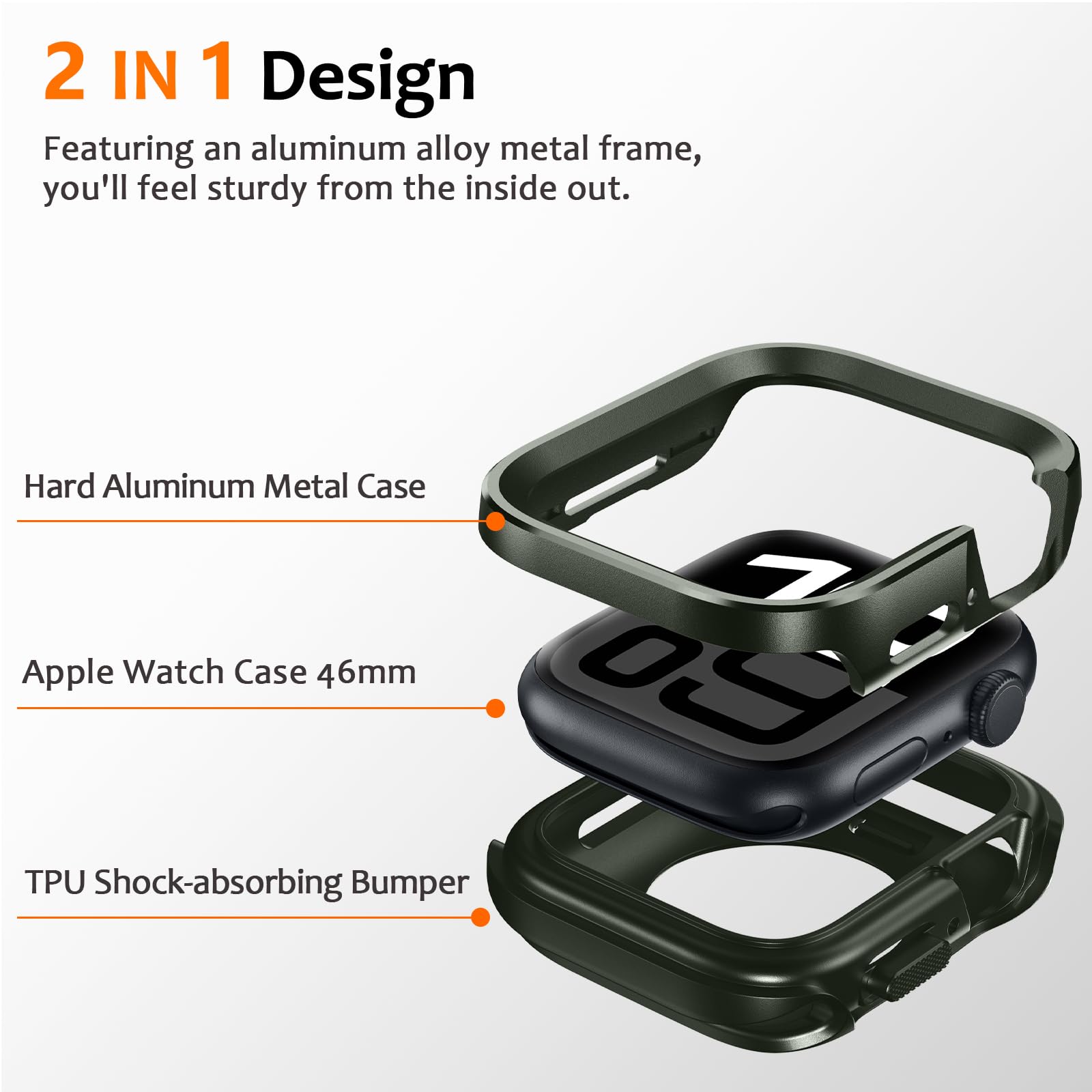 Amizee 2 en 1 Metál Funda Compatible con Apple Watch Series 11/10 46mm, Cobertura Total Resistente Arañazos Protección Carcasa para iWatch 46mm, Verde Militar
