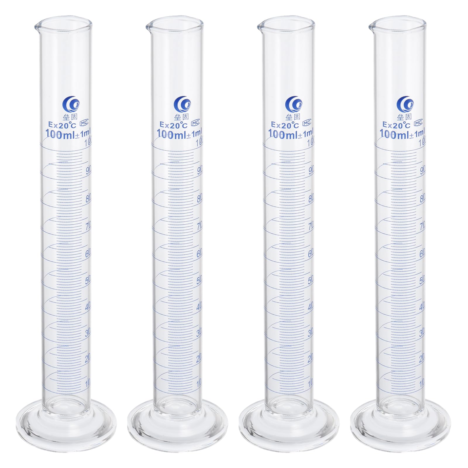 PATIKIL Cilindro Graduato da 100ml, 4 Pezzi Cilindri di Misurazione in Vetro Borosilicato 3.3 a Base Rotonda per Esperimenti di Laboratorio, Trasparente