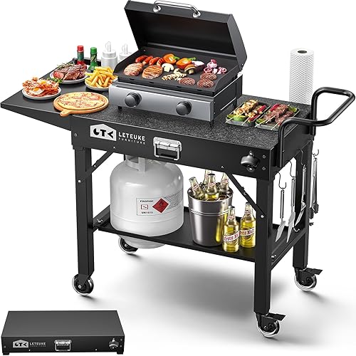 Leteuke Carrito de parrilla para parrilla Blackstone, mesa de parrilla portátil para exteriores, mesa plegable con ruedas para ninja, soporte de