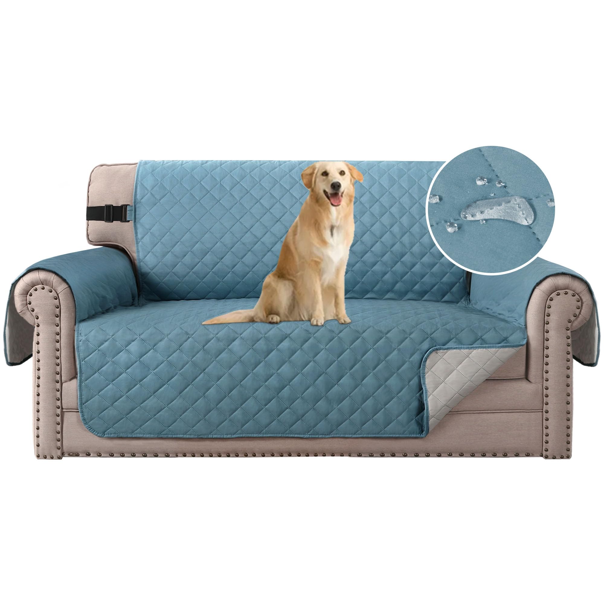 Turquoize Sofa Slipcover,Reversible Sofa Cover,Water Resistant Couch Cover with Non Slip Elastic Straps Quilted Furniture Protector for Pets Kids (Loveseat, Blue/Beige) Blue/Beige 2 Seater (117cm)