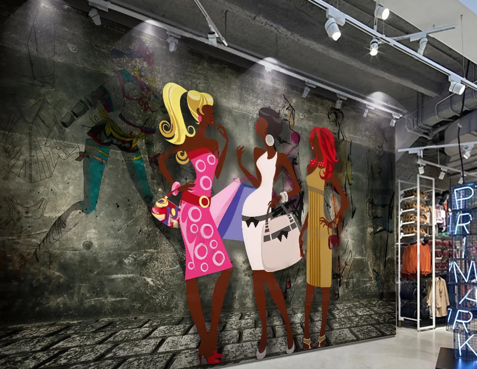 XDOUBAO Wallpaper Brick Wall Hand-Painted Cartoon Fashion Clothing Store Shopping Mall Hall Afternoon Tea Western Restaurant Background Wall Wallpaper Coffee Shop Mural,3D,150x105cm