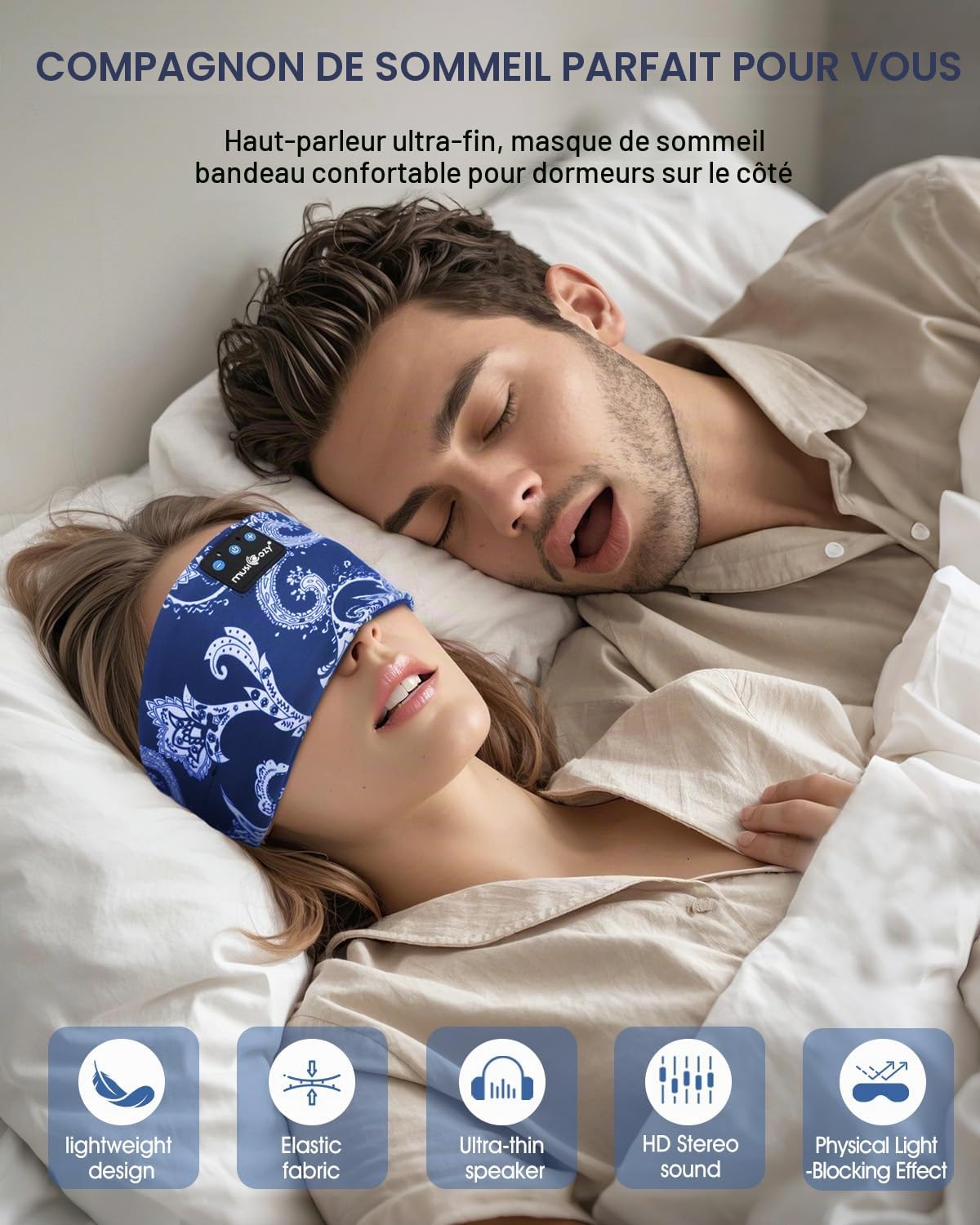 Bandeau Sommeil Bluetooth, Bandeau Écouteurs pour Dormir, Casque de Sommeil Sans Fil Ultra-Fin pour Dormeur Latéral, Confort Optimal, Qualité Sonore HD, 14 Heures d'Autonomie, Sport,Voyage,Relaxation