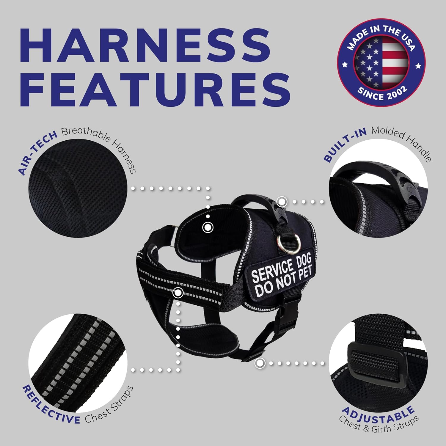 ActiveDogs Padded Air-Tech Dog Harness - Reflective Service Vest for Large Dogs, Medium Size, Girth 22"-30", Black