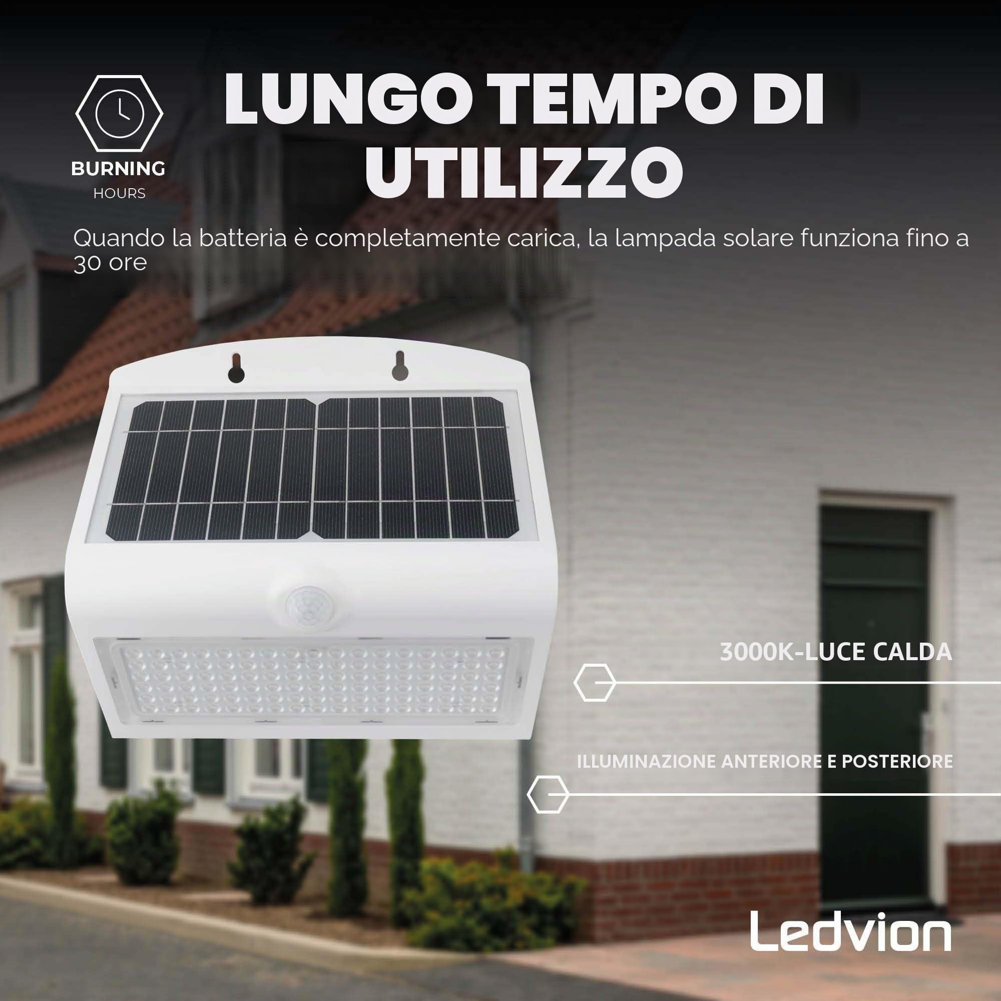 Ledvion - Lampada Solare LED Moderna da Parete, 8W, 3000K, IP65, Bianca, 220 Lumen, con Sensore di Movimento, Energia Solare, Efficienza Energetica & Resistente alle Intemperie
