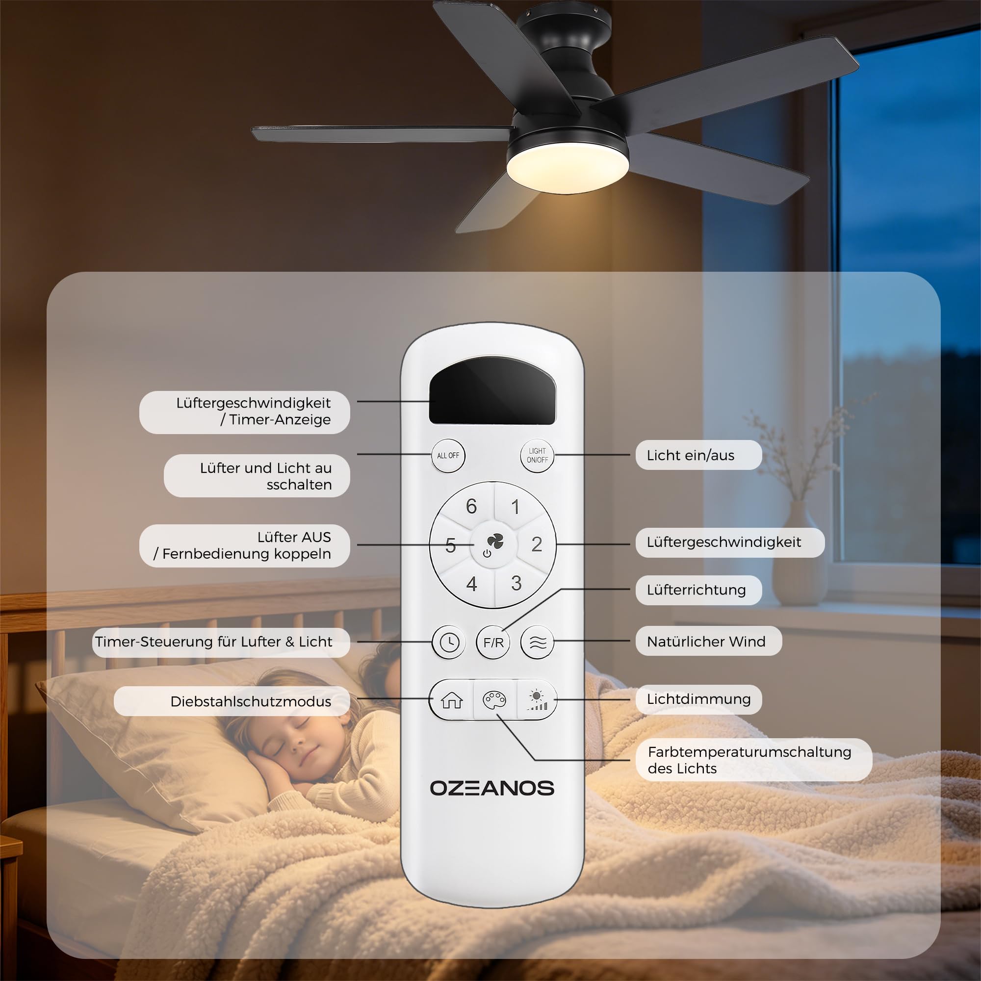 OZENAOS Deckenventilator mit Beleuchtung 112 cm, Leiser 33W DC Motor Ventilator Deckenlampe mit Fernbedienung, 6 Windstufen & Timer, LED Dimmbar 3000-6000K,1700LM, für Wohnzimmer Schlafzimmer
