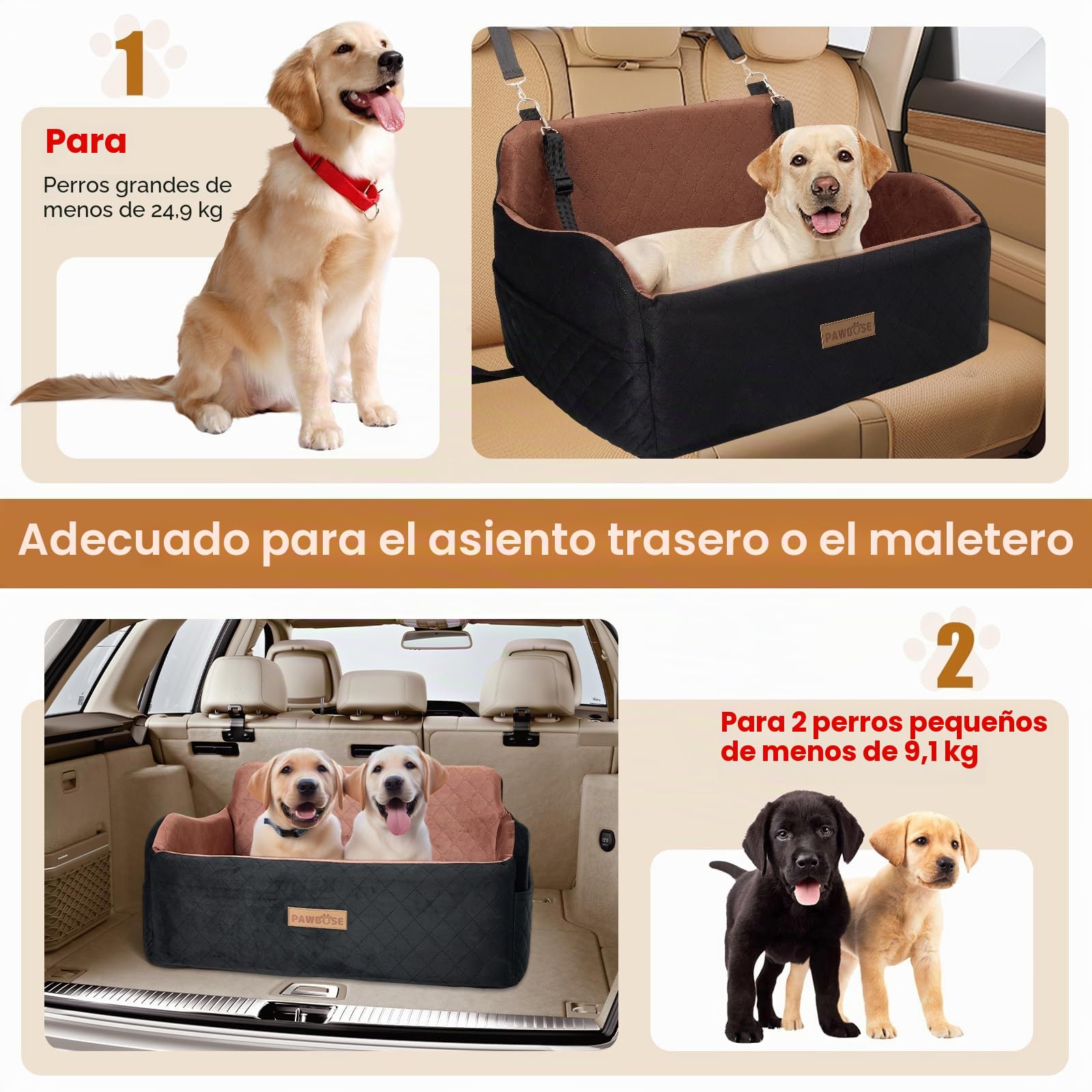 PAWBOSE Asiento de coche para perros medianos/grandes, asiento elevador de menos de 55 libras o 2 perros pequeños, relleno de cama de espuma viscoelástica, extraíble y lavable, cómodo asiento de coche
