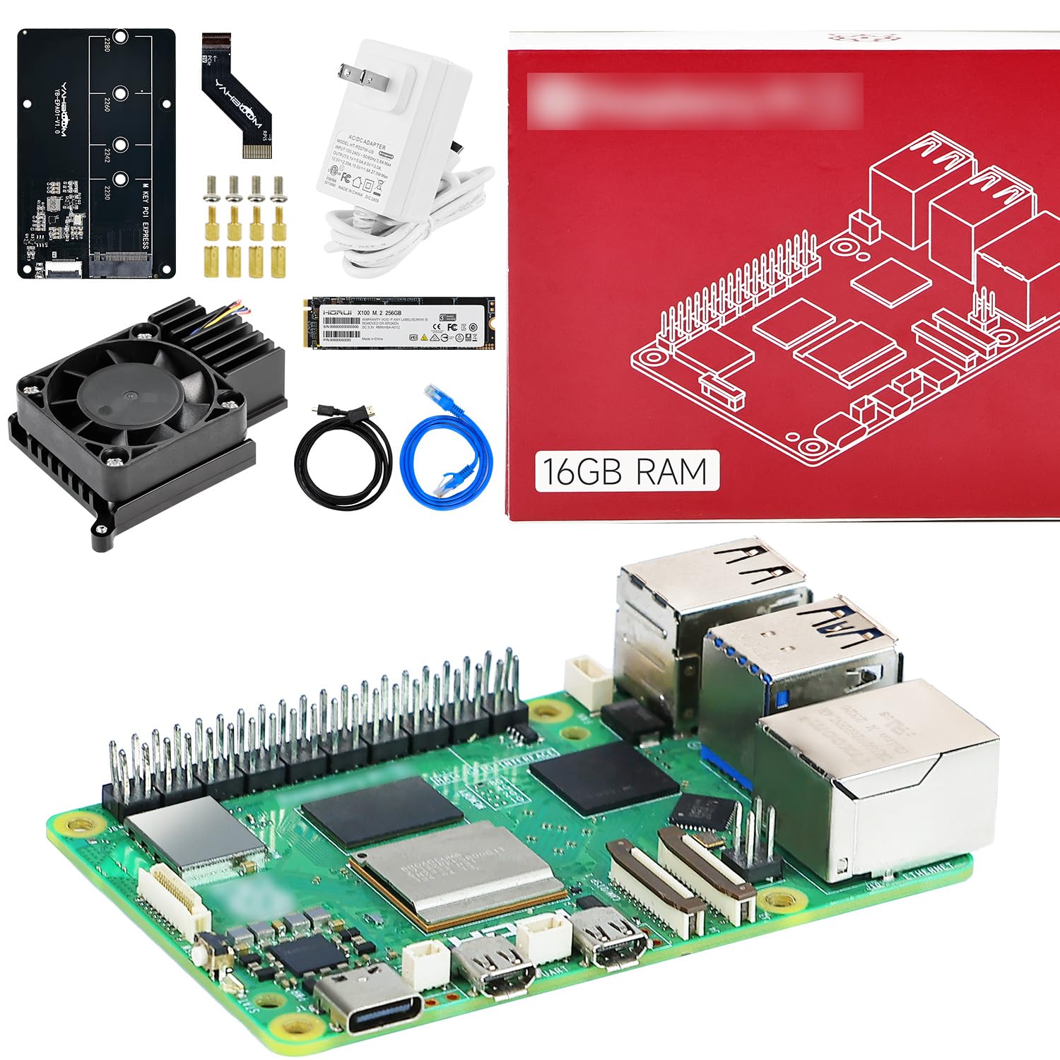 Yahboom Raspberry Pi 5 16GB RAM Starter Kit with 27W 5.1V/5A Power Adapter Cooler with Pcie to M.2 Adapter 256GB SSD Provide Openclaw Deployment