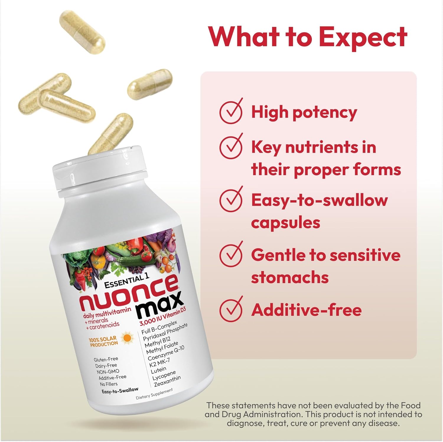 ANDREW LESSMAN Essential-1 nuonce max Multivitamin 3000 IU Vitamin D3 30 Small Capsules. 100 mcg Methyl B12. CoQ10 Lutein Lycopene Zeaxanthin. High Potency. No Additives. Ultra-Mild One Daily Capsule - Image 5