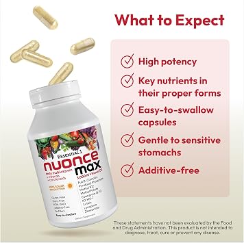 ANDREW LESSMAN Essential-1 nuonce max Multivitamin 3000 IU Vitamin D3 180 Small Capsules. 100 mcg Methyl B12. CoQ10 Lutein Lycopene Zeaxanthin. High Potency. No Additives. Ultra-Mild One Daily Capsule