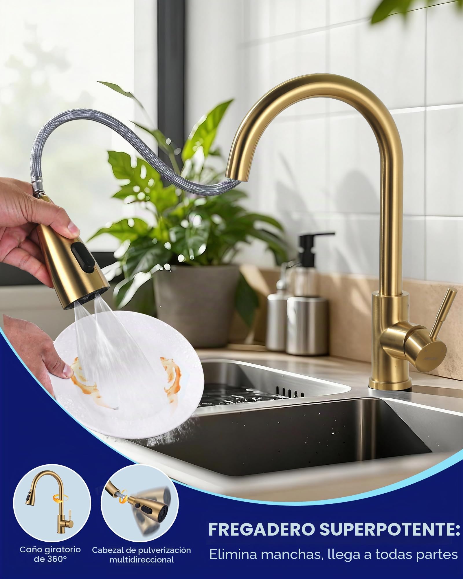 ARCORA Grifo Cocina Extraíble 360° Giratorio, Grifo Monomando Acero Inoxidable con 3 Modos de Chorro, Cartucho de Cerámica, para Fregaderos Profundos de Cocina, Dorado