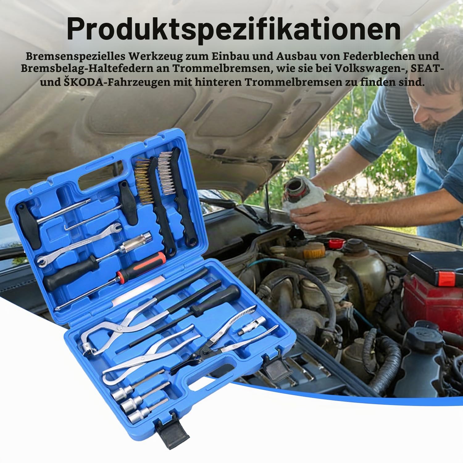 Bremstrommel Werkzeugsatz Auto, 15 Tlg Trommelbremse Werkzeug Satz Kfz für Scheibenbremsanlagen und Trommel, Werkstatt Montage Enthält Alles fürAustausch/Reinigung der vorderen und hinteren Bremsen