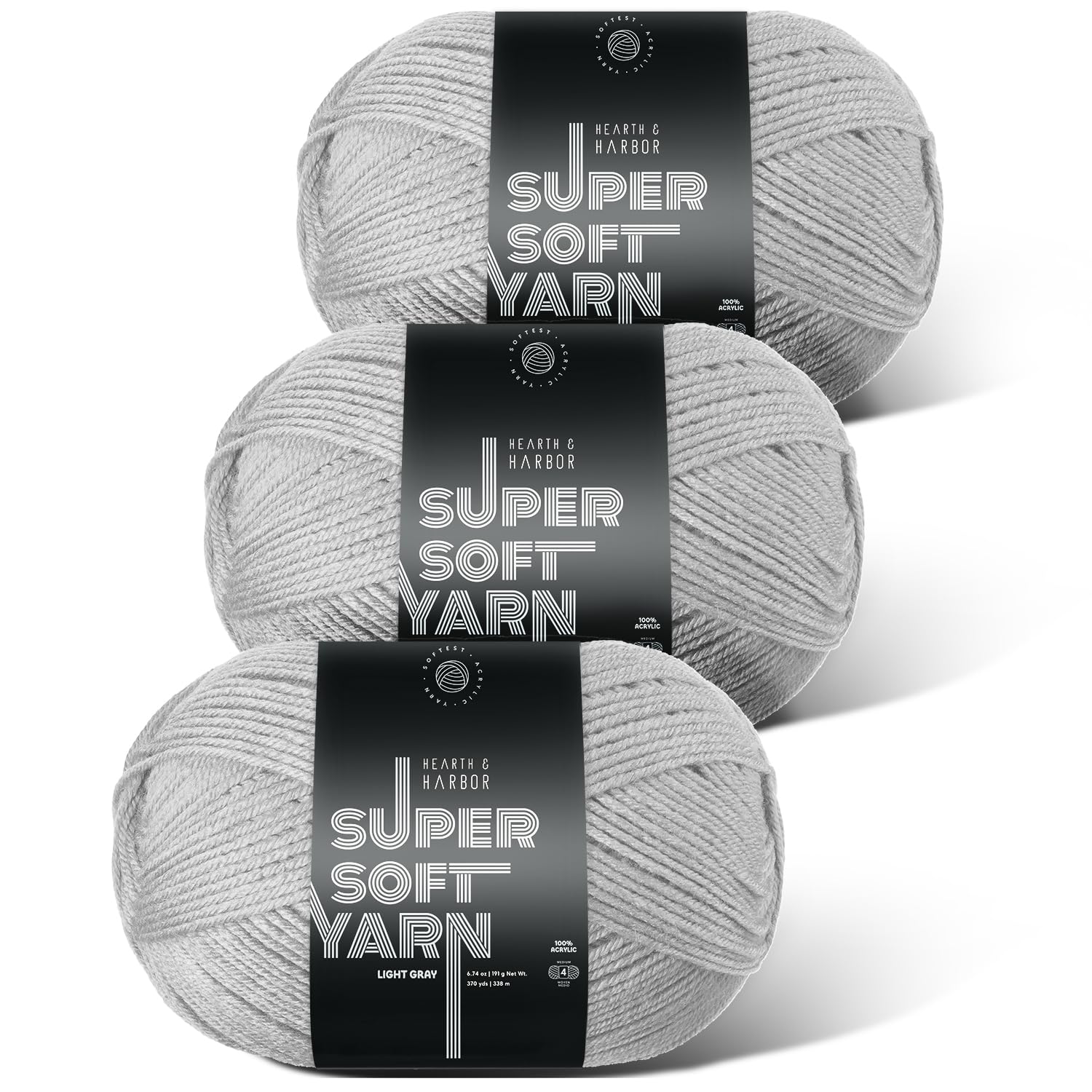 Acrylic Yarn for Crocheting &amp; Knitting – Soft Crochet Yarn for Crocheting, 3 Pack of 370 Yards, Perfect for Crafts &amp; Amigurumi, Medium Worsted Weight 4, Light Grey